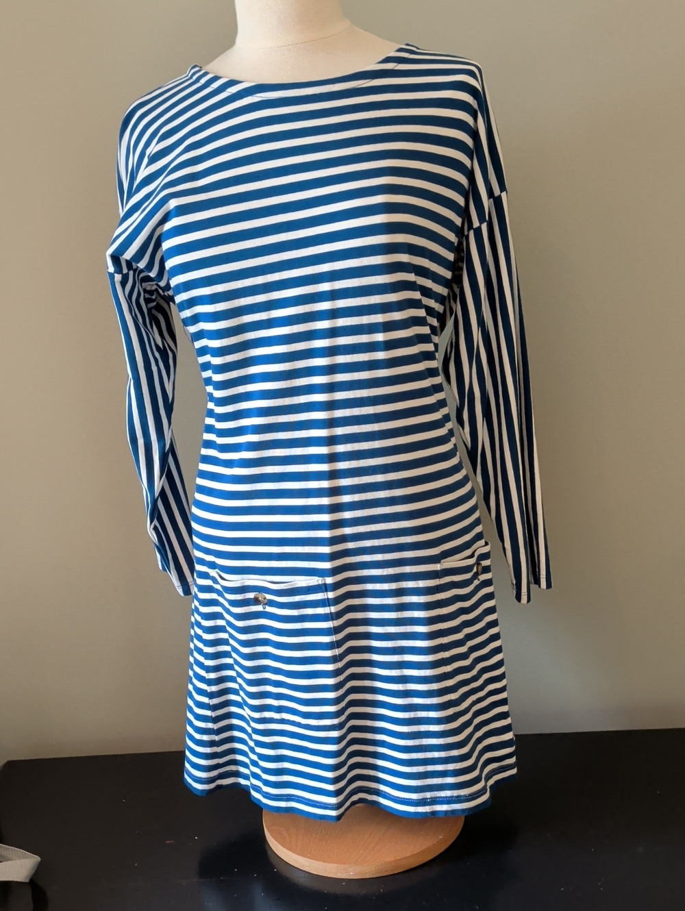 J. Crew Blue and White Striped Dress With Two Front Pockets. Size Large